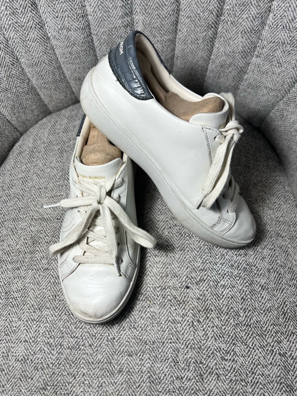 Tory Burch White Leather Lace-Up Sneakers with Black Heel Tab